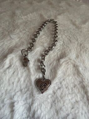 Silver tone Heart Rolo Bracelet with cz and R initial - adjustable